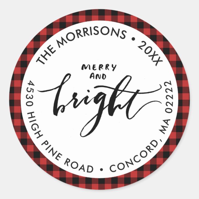 Sticker Rond Joyeux Bright Buffalo Plaid Christmas Votre adress (Devant)