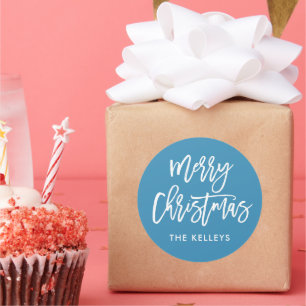 Sticker Rond Joyeux Brosse de Noël bleu Personnalisé