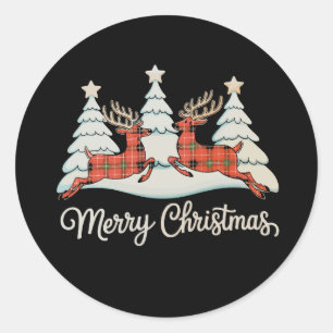 Sticker Rond Joyeux Buffalo Plaid Reindeer Xmas Tree