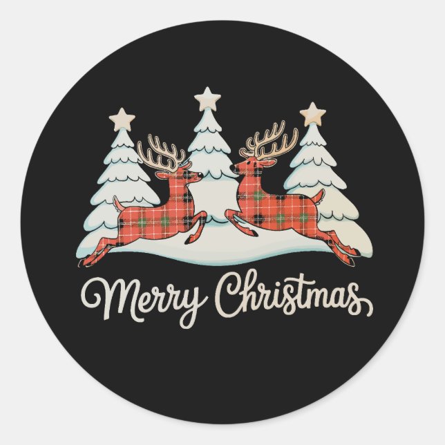 Sticker Rond Joyeux Buffalo Plaid Reindeer Xmas Tree (Devant)
