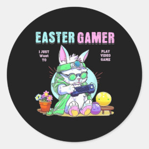 Sticker Rond Joyeux Bunny de Pâques Funny Joueur Vidéo Garçons 