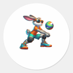 Sticker Rond Joyeux Bunny de Pâques joueur de volley-ball Lover