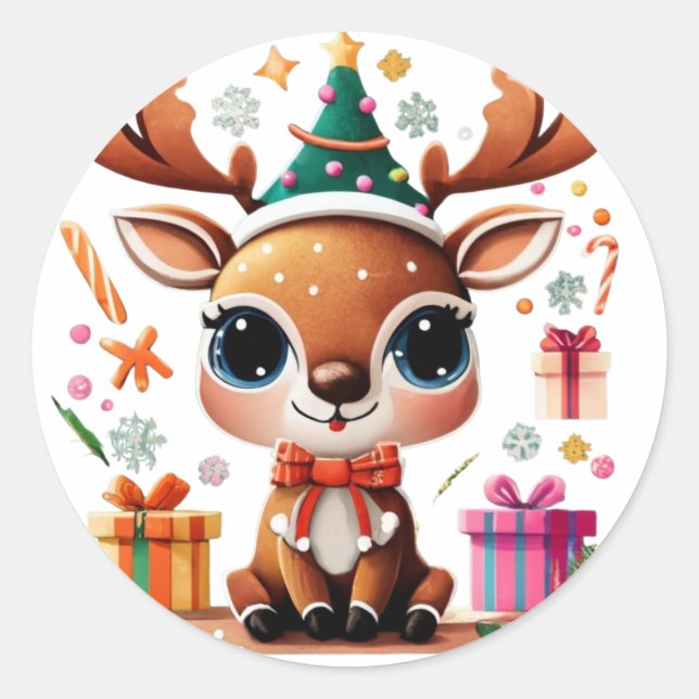 Sticker Rond Joyeux cadeau de Noël Reindeer (Devant)