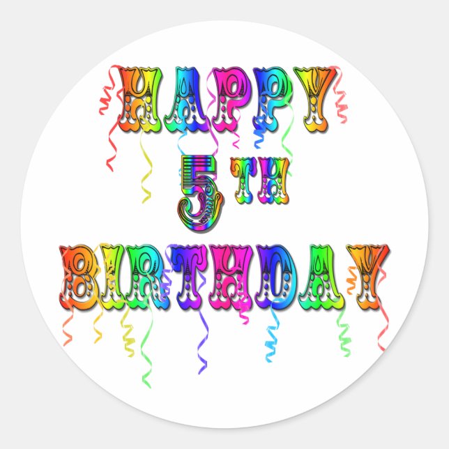 Sticker Rond Joyeux Cadeaux 5e anniversaire - Police Circus (Devant)