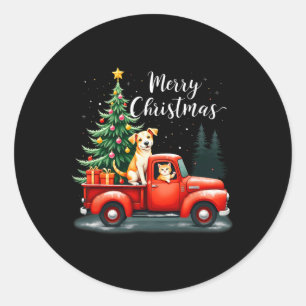 Sticker Rond Joyeux Camion Rouge Noël Avec Chien &amp; Chat Noë