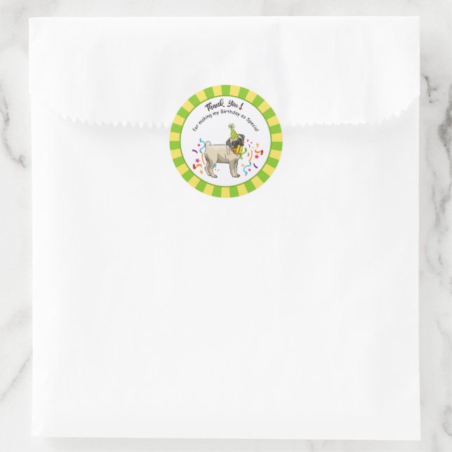 Sticker Rond Joyeux Carlin d'anniversaire Jaune Vert Faveur (Sac)