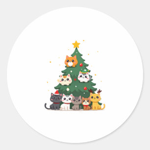 Sticker Rond Joyeux Catmas Drôle Arbre de Noël, Chats Noël Meow