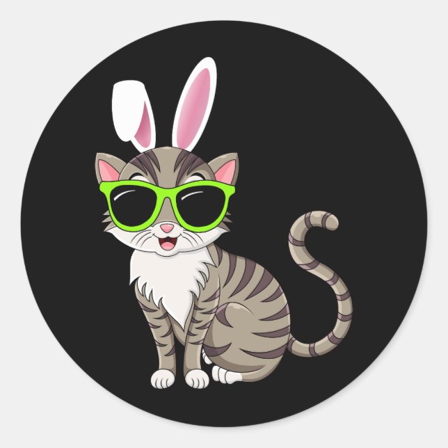 Sticker Rond Joyeux Chat Cool de Pâques avec oreilles et lunett (Devant)