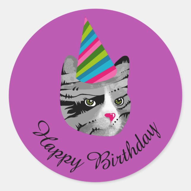 Sticker Rond Joyeux Chat d'anniversaire en Casquette de parti (Devant)