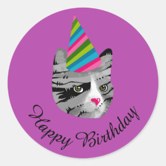 Sticker Rond Joyeux Chat d'anniversaire en Casquette de parti