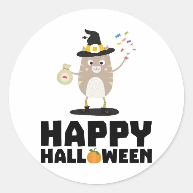 Sticker Rond Joyeux chat sorcier Halloween (Devant)