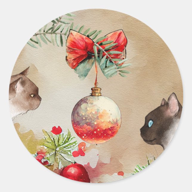 Sticker Rond Joyeux Chats, Aquarelle Ornement et Pine Noël (Devant)