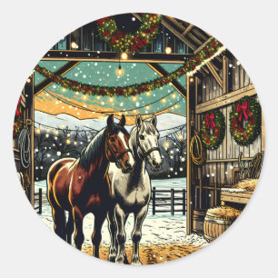 Sticker Rond Joyeux Chevaux de Cartoon de Noël