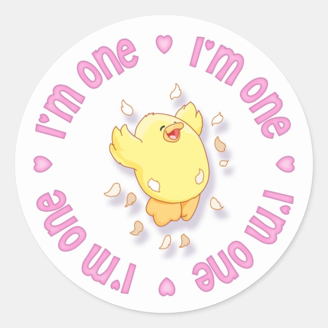 Sticker Rond Joyeux Chick 1er Anniversaire rose (Devant)
