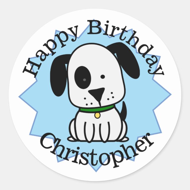 Sticker Rond Joyeux chien chiot d'anniversaire personnalisé (Devant)