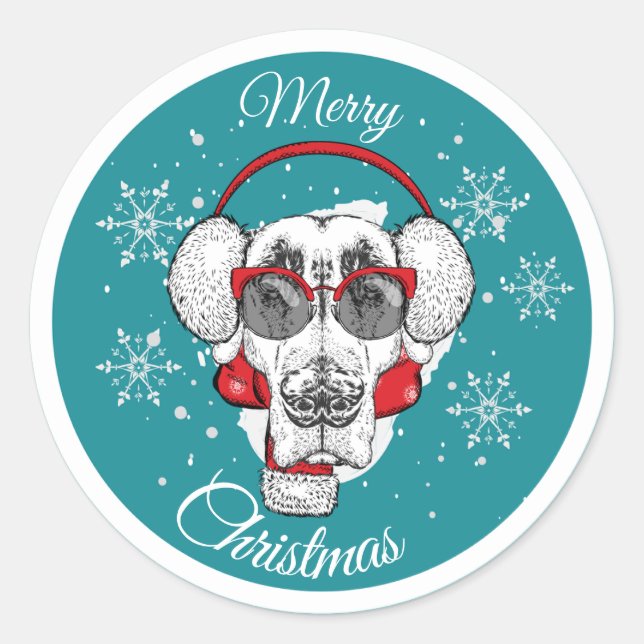 Sticker Rond Joyeux chien cool de Noël (Devant)