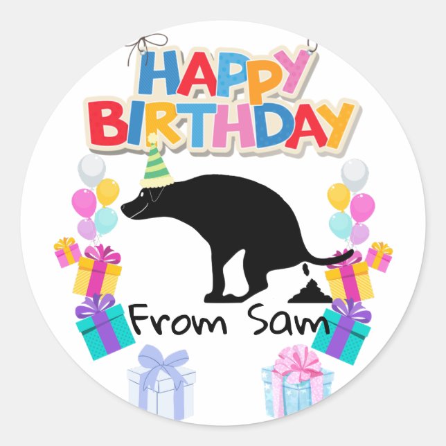 Sticker Rond Joyeux chien de balançoire d'anniversaire (Devant)