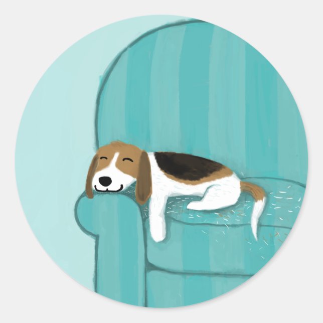 Sticker Rond Joyeux chien de canapé | Beagle dormant mignon | P (Devant)