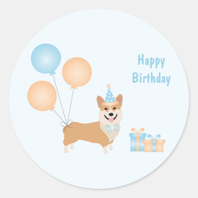 Sticker Rond Joyeux Chien de Corgi Anniversaire (Devant)