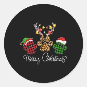 Sticker Rond Joyeux Chien De Noël Paws Éclairage Buffalo Plaid