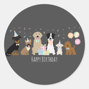 Sticker Rond Joyeux Chiens de fête d'anniversaire