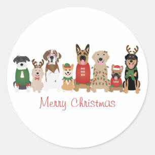 Sticker Rond Joyeux Chiens de Noël Rouge Vert