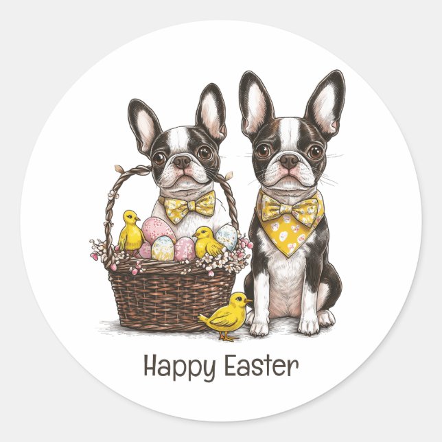 Sticker Rond Joyeux Chiens de Pâques Boston Terrier (Devant)
