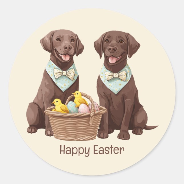 Sticker Rond Joyeux Chiens de récupération de chocolat de Pâque (Devant)