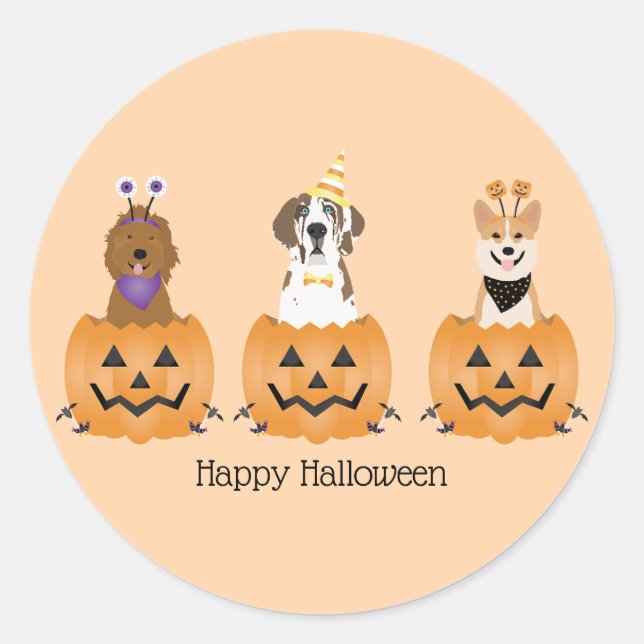 Sticker Rond Joyeux Chiens D'Halloween En Citrouille (Devant)