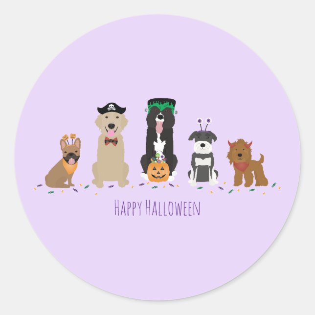 Sticker Rond Joyeux Chiens d'Halloween violet (Devant)