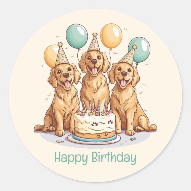 Sticker Rond Joyeux Chiens d'or d'excursion d'anniversaire (Devant)