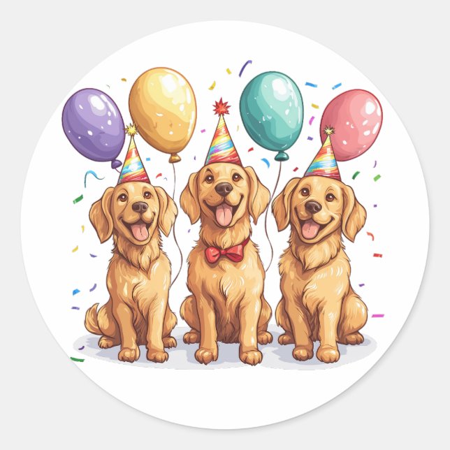 Sticker Rond Joyeux Chiens d'or d'excursion d'anniversaire (Devant)