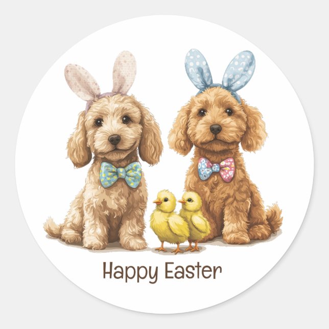 Sticker Rond Joyeux Chiens Goldendoodle de Pâques (Devant)