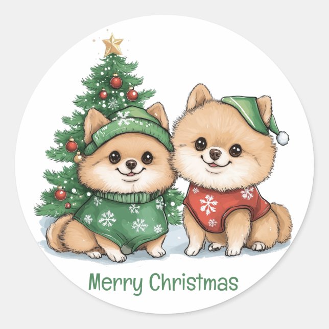 Sticker Rond Joyeux Chiens Poméraniens de Noël (Devant)