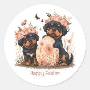 Sticker Rond Joyeux Chiens Rottweiler de Pâques