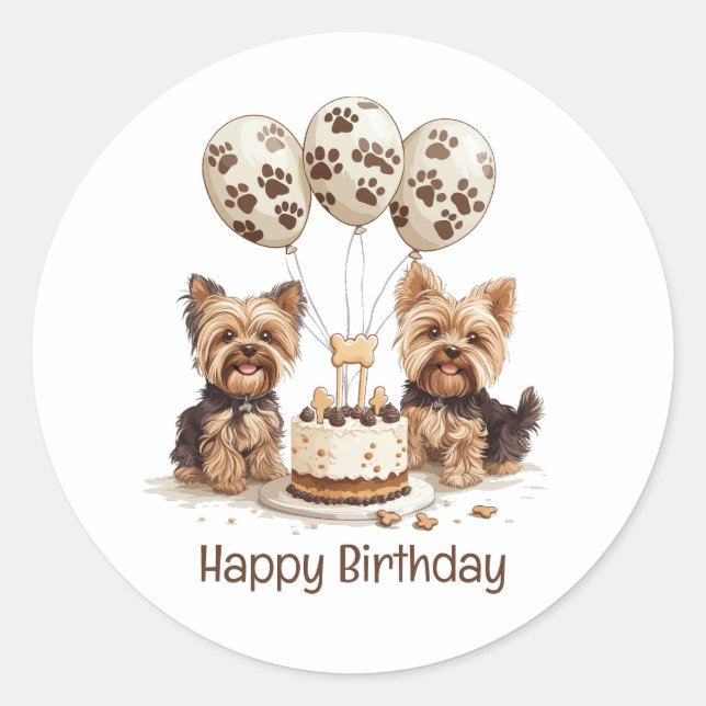 Sticker Rond Joyeux Chiens Yorkie d'anniversaire (Devant)