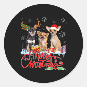 Sticker Rond Joyeux Chihuahua Chiens Père Noël Reindeer Ligh