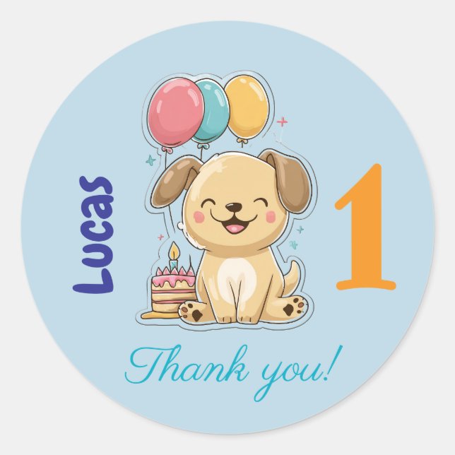 Sticker Rond Joyeux chiot, garçon, faisons la fête, 1er anniver (Devant)