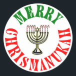 Sticker Rond Joyeux Chrismanouka- Menorah de Noël Chanukah<br><div class="desc">La façon parfaite de célébrer à la fois Noël et Hanouka en même temps. Joyeux Noël Joyeux Chanukah = Joyeux Chrismanukah, avec des bougies de menorah en canne de bonbon.</div>