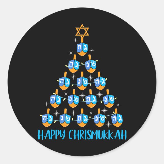 Sticker Rond Joyeux Chrismukkah Dreidel sapin de Noël Hanoukka (Devant)