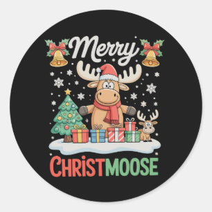 Sticker Rond Joyeux Christmoose Lumières de Noël Santa Élan