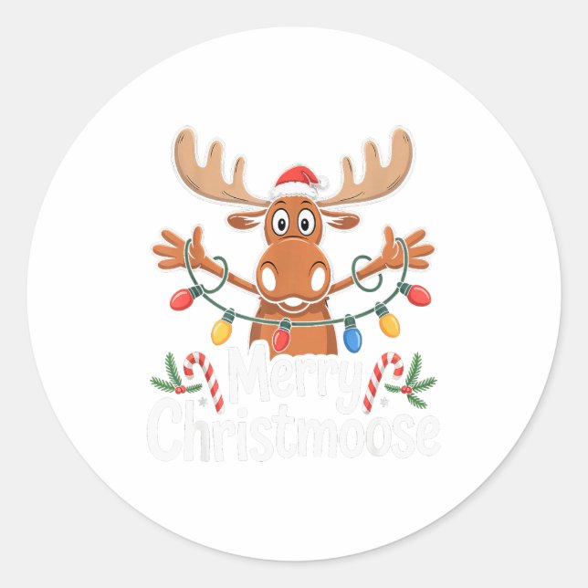 Sticker Rond Joyeux Christmoose Lumières de sapin de Noël Chape (Devant)