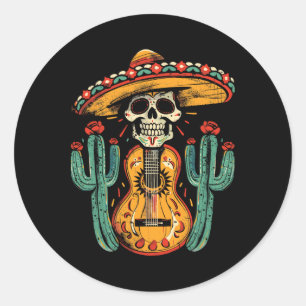 Sticker Rond Joyeux Cinco De Mayo Skeleton Skull Sombrero Guita