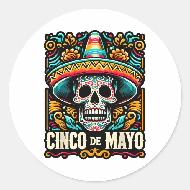 Sticker Rond Joyeux Cinco De Mayo Skeleton Skull Sombrero Mexic (Devant)
