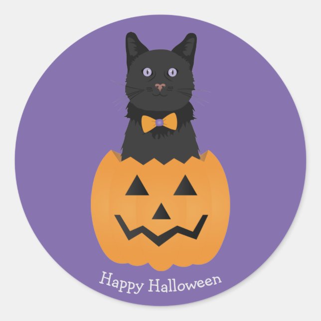Sticker Rond Joyeux Citrouille de chat noir Halloween (Devant)