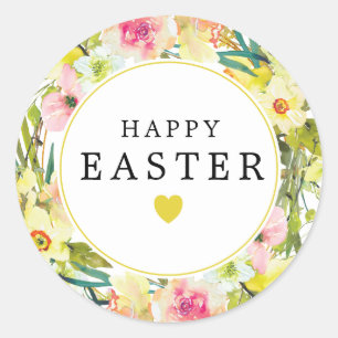 Sticker Rond Joyeux Coeur jonquille de Pâques