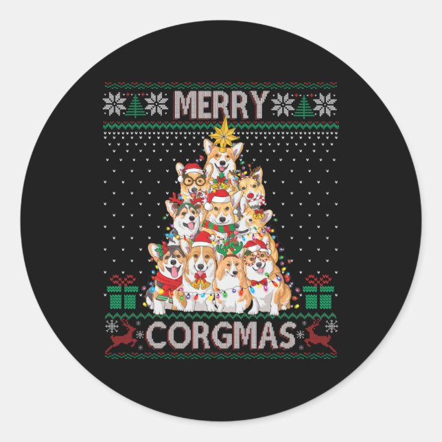 Sticker Rond Joyeux Corgmas Doux moche Funny Corgi Noël T (Devant)