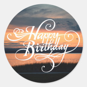 Sticker Rond Joyeux coucher du soleil d'anniversaire