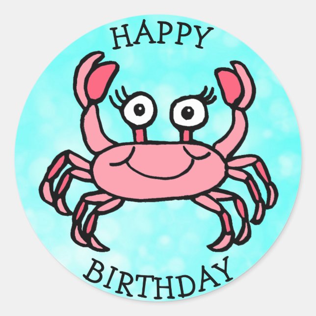 Sticker Rond Joyeux crabe rose d'anniversaire sous la mer (Devant)