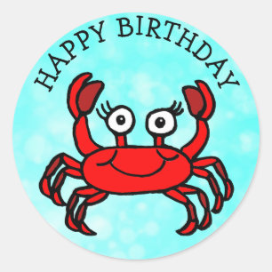 Sticker Rond Joyeux crabe rouge d'anniversaire sous la mer